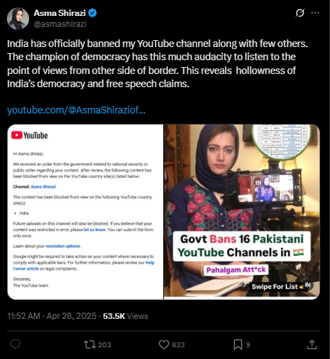 Screenshot of a post on X/Twitter sharing that multiple YouTube accounts were blocked in India Screenshot of a post on X/Twitter sharing that multiple YouTube accounts were blocked in India